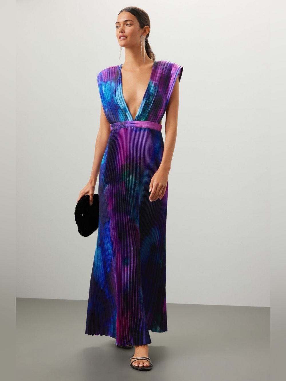 L’idee Deep V Pleated Evening Dress in Blue & Purple Printed Gala Gown Size 10